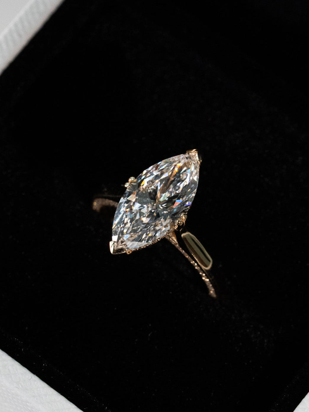 3ct marquise cut diamond engagement ring in 18ct yellow gold with hidden halo and cathedral setting
