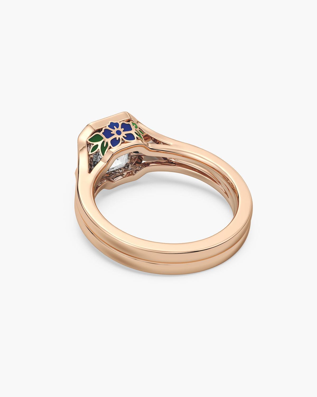 Lan Enamel Bezel asscher solitaire engagement ring in 18k rose gold, back angle