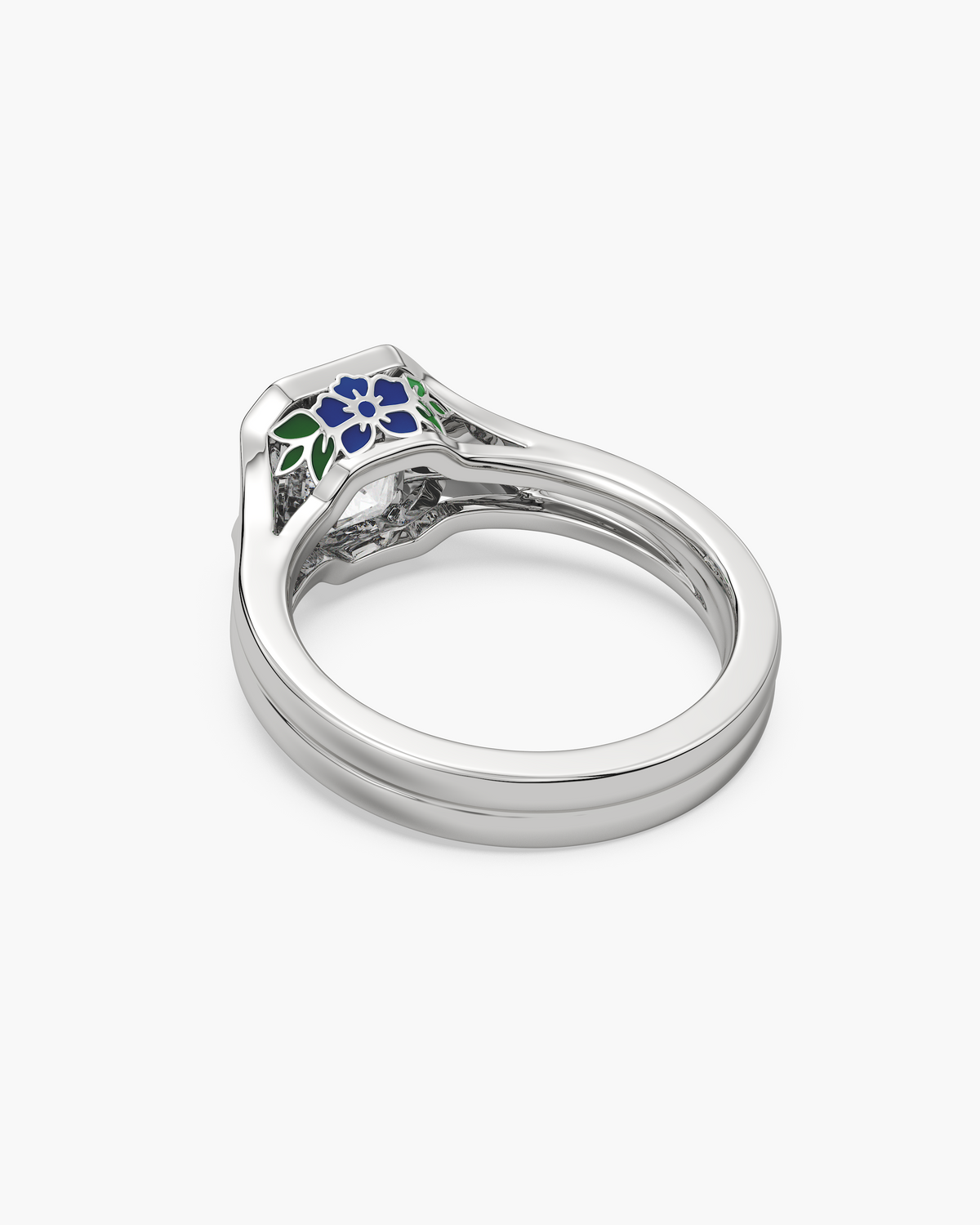 Lan Enamel Bezel asscher solitaire engagement ring in 18k white gold, back angle