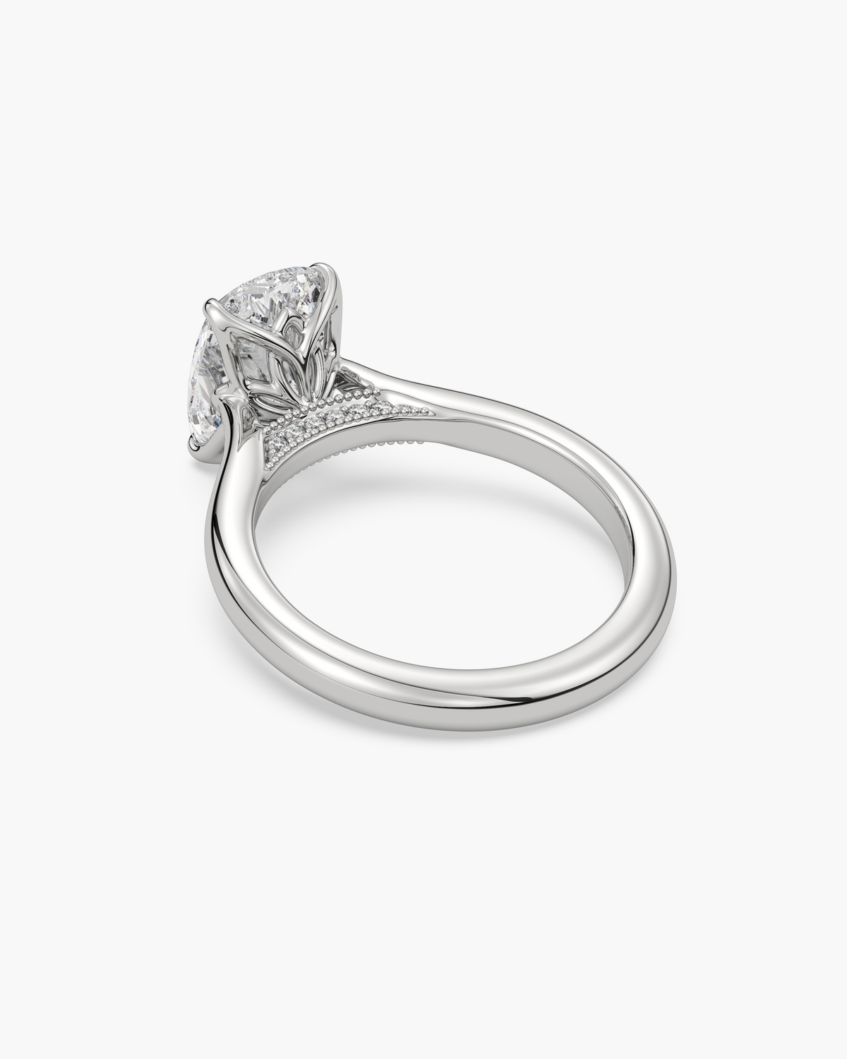 Lian Overlapping Floral cushion solitaire engagement ring in 18k white gold, back angle