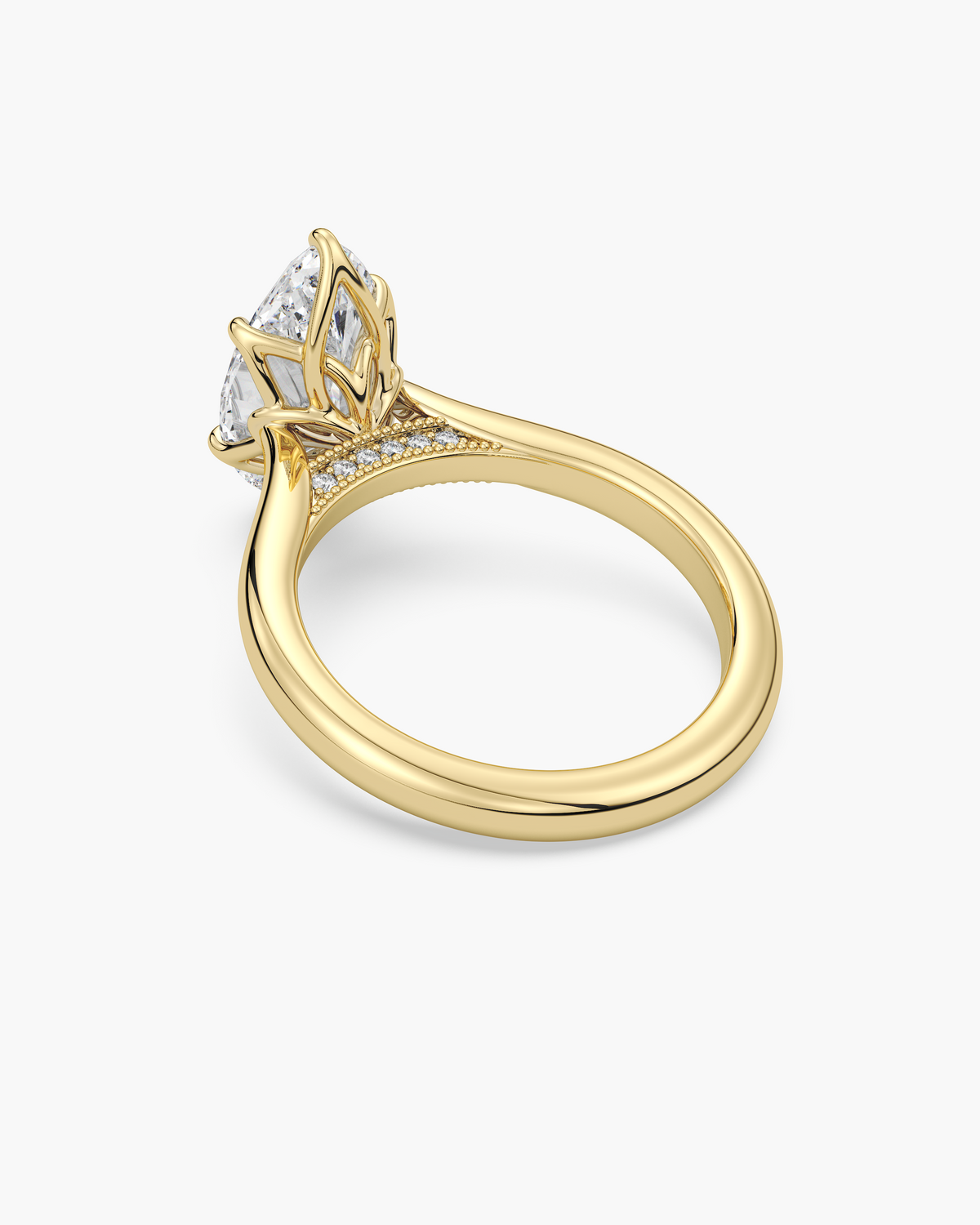 Lian Overlapping Floral marquise solitaire engagement ring in 18k yellow gold, back angle