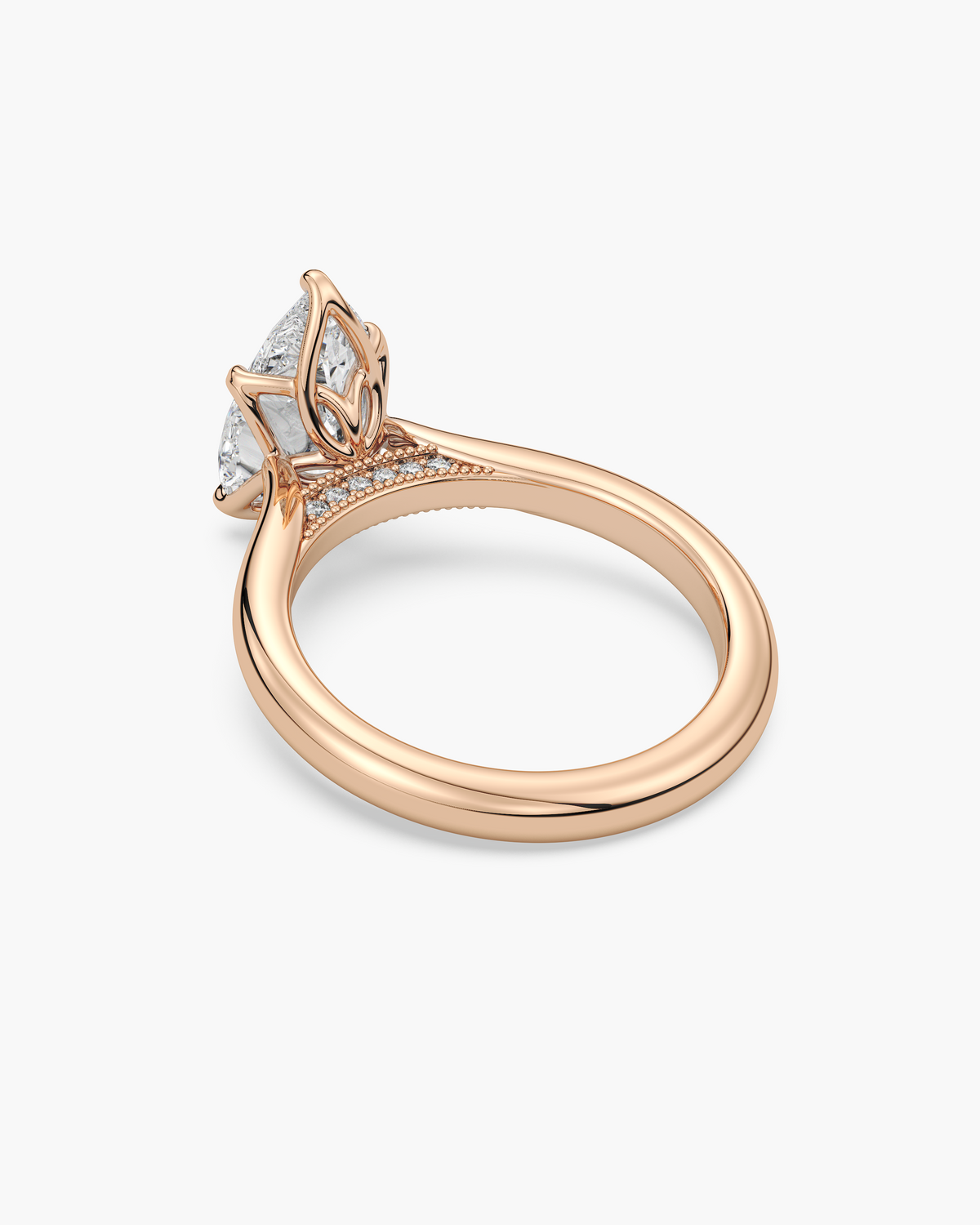 Lian Overlapping Floral pear solitaire engagement ring in 18k rose gold, back angle