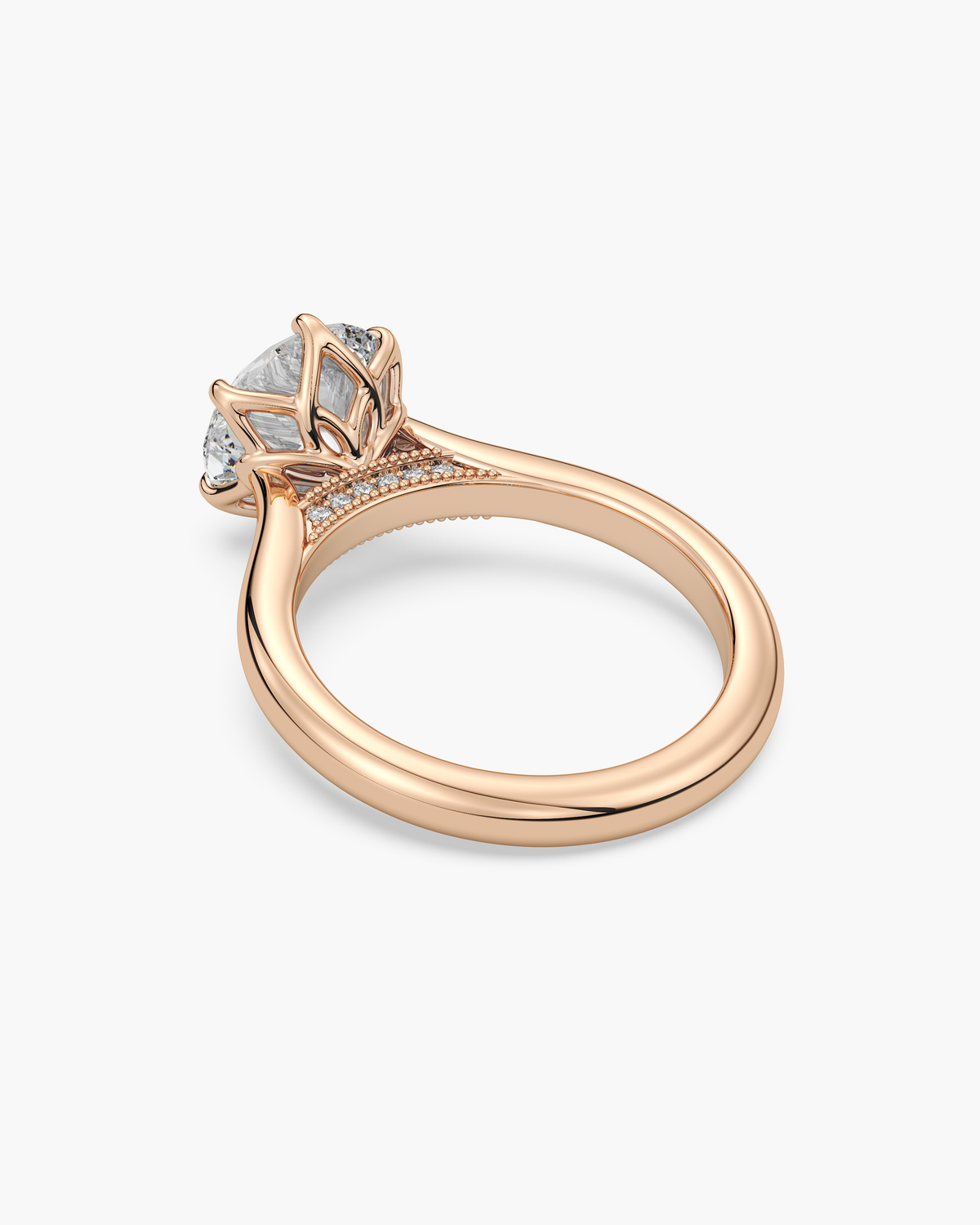 Lian Overlapping Floral round solitaire engagement ring in 18k rose gold, back angle