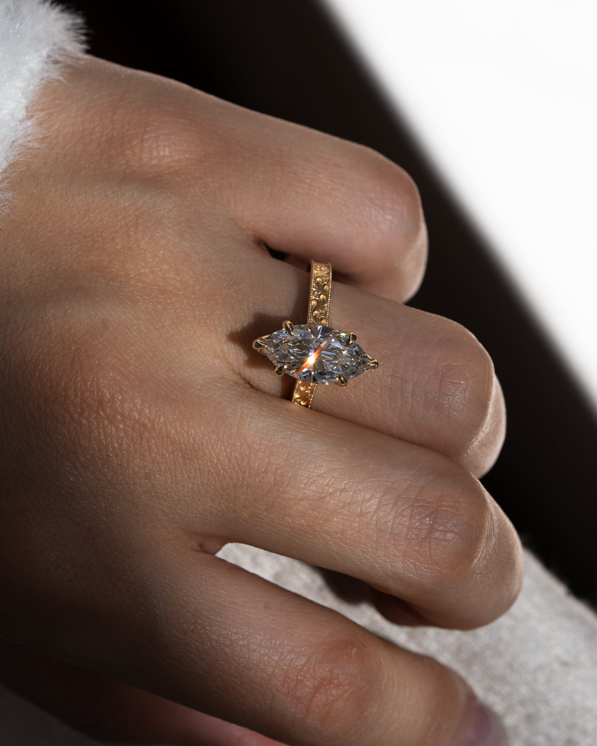 3ct marquise diamond ring with vintage floral filigree band and milgrain edges, vintage inspired engagement ring