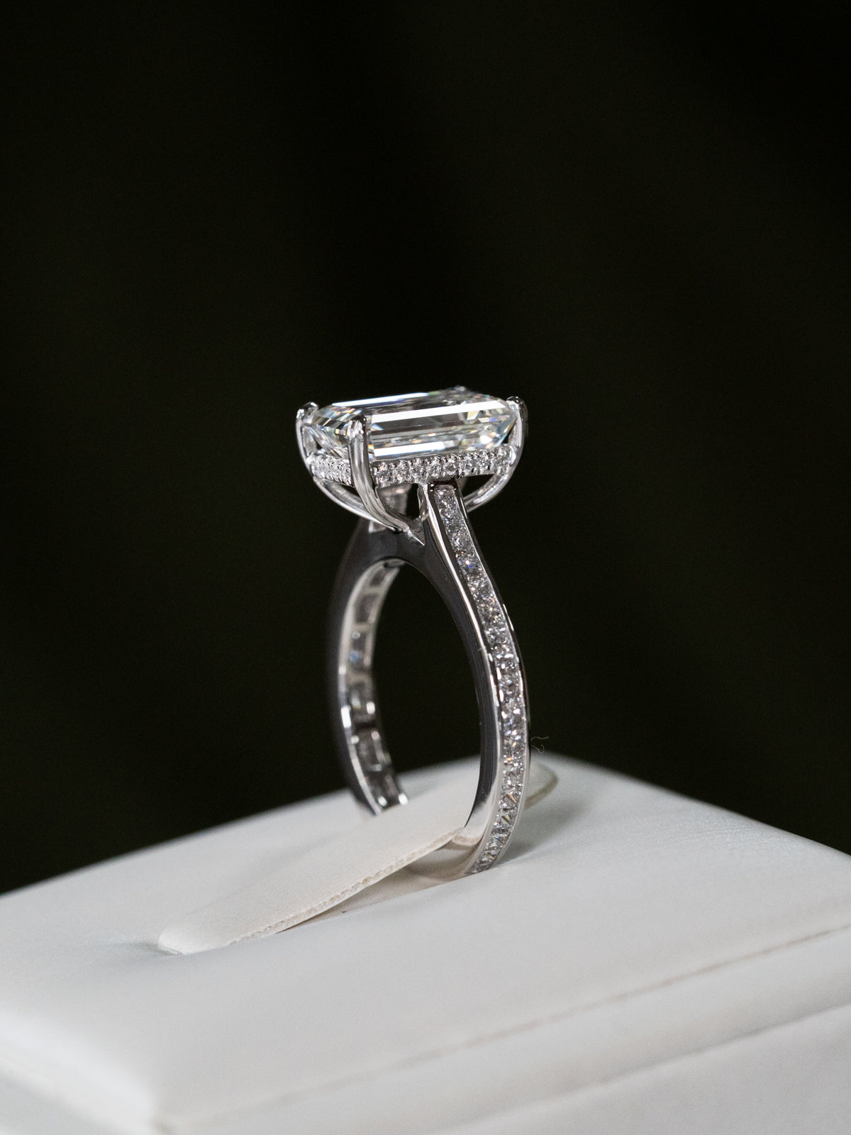 Emerald Cut Diamond with Hidden Halo and Cathedral Setting
