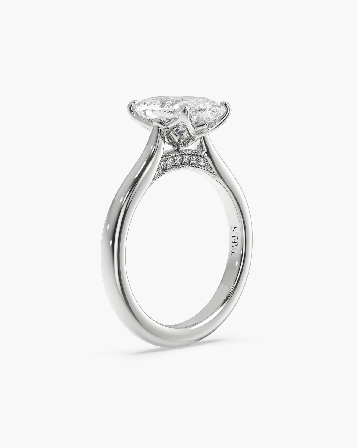 Lian Overlapping Floral cushion solitaire engagement ring in 18k white gold, front angle