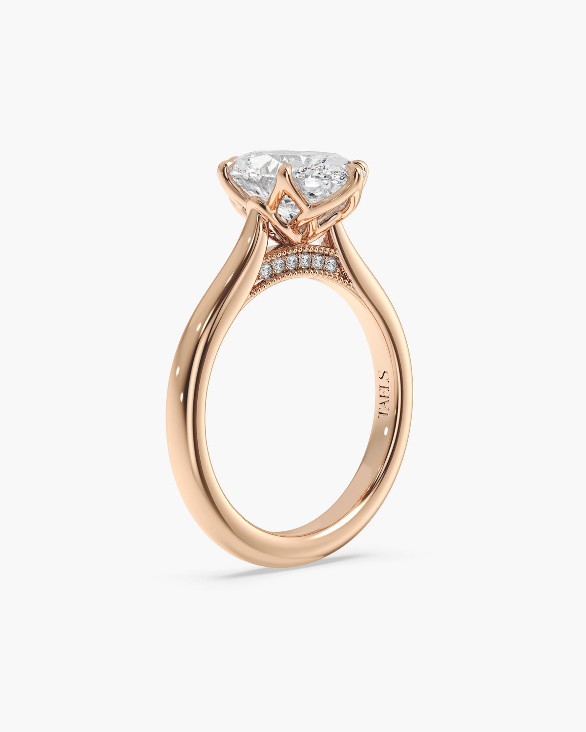 Lian Overlapping Floral oval solitaire engagement ring in 18k rose gold, front angle