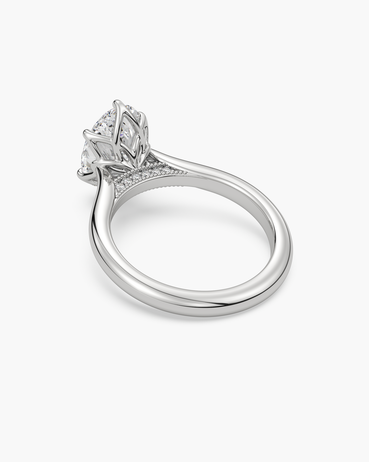 Lian Overlapping Floral oval solitaire engagement ring in 18k white gold, back angle