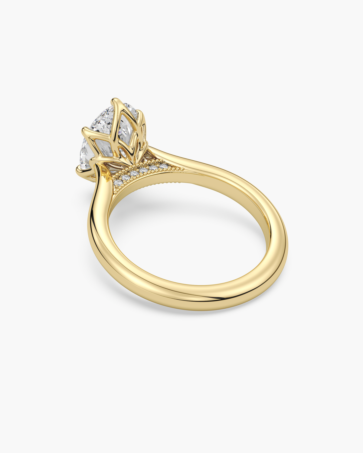 Lian Overlapping Floral oval solitaire engagement ring in 18k yellow gold, back angle