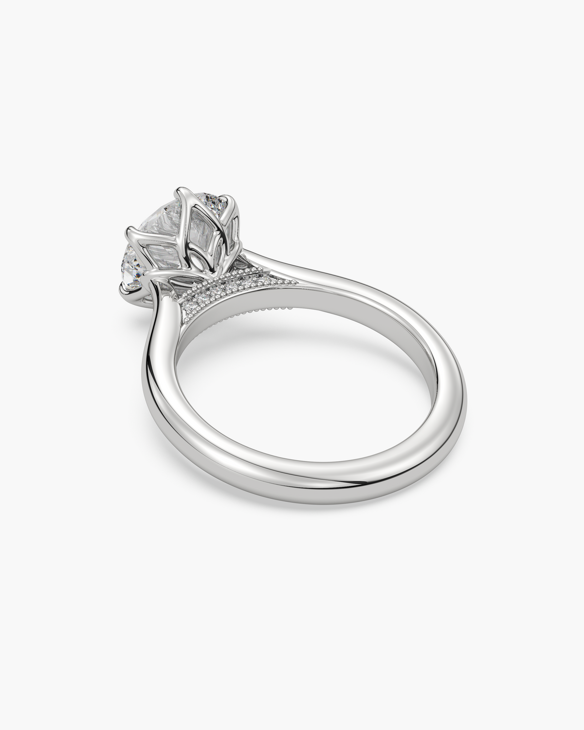 Lian Overlapping Floral round solitaire engagement ring in 18k white gold, back angle