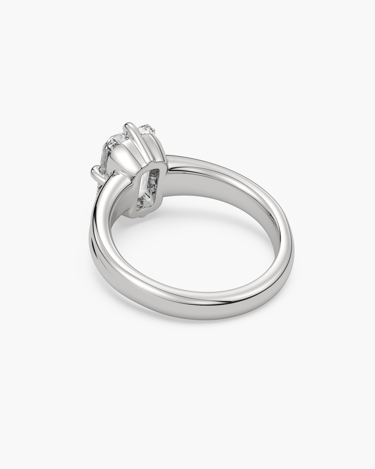 Sen Ribbed emerald cut solitaire engagement ring in 18k white gold, back angle